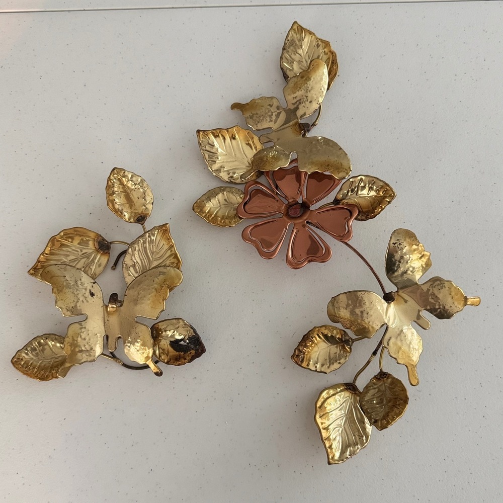 Vintage MCM Brass Copper Wall Art Set 2 Butterfly Flower Leaf Mid Century Modern
